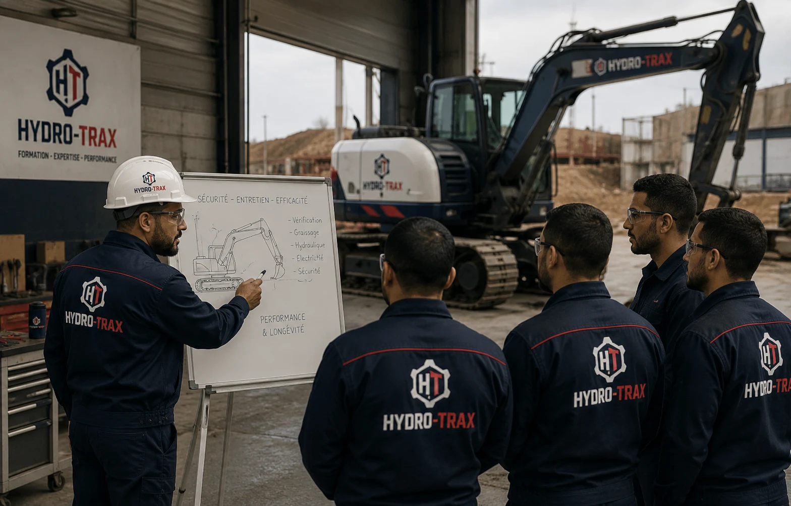 Formateur HYDRO-TRAX accompagnant une équipe professionnelle lors d'une formation technique sur site.