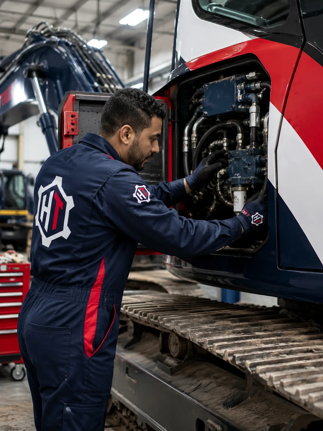Technicien HYDRO-TRAX réalisant une maintenance hydraulique sur un engin de chantier